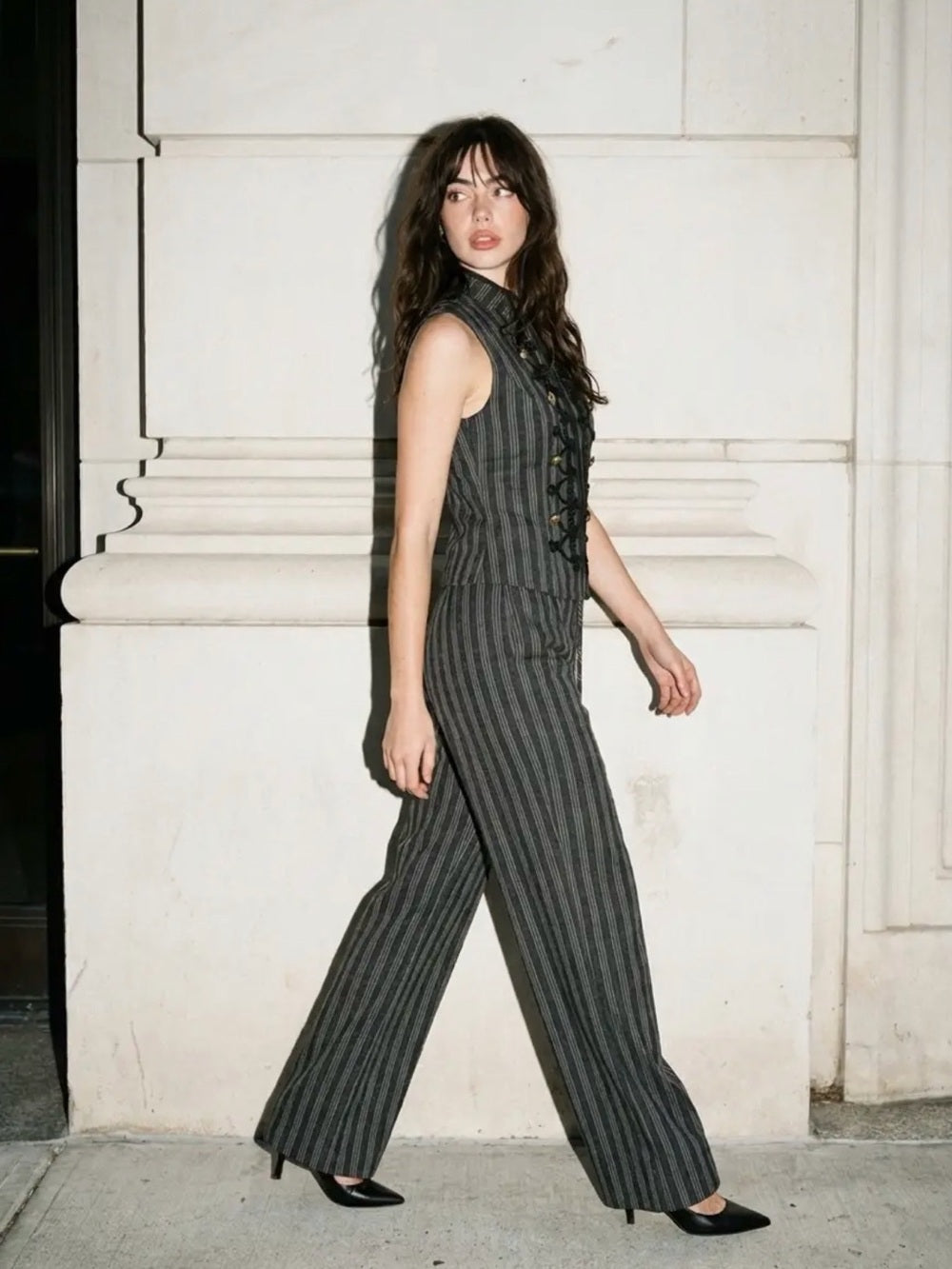 A596. Napoleon Striped Sleeveless Wide-Leg Vest & Pants in Charcoal