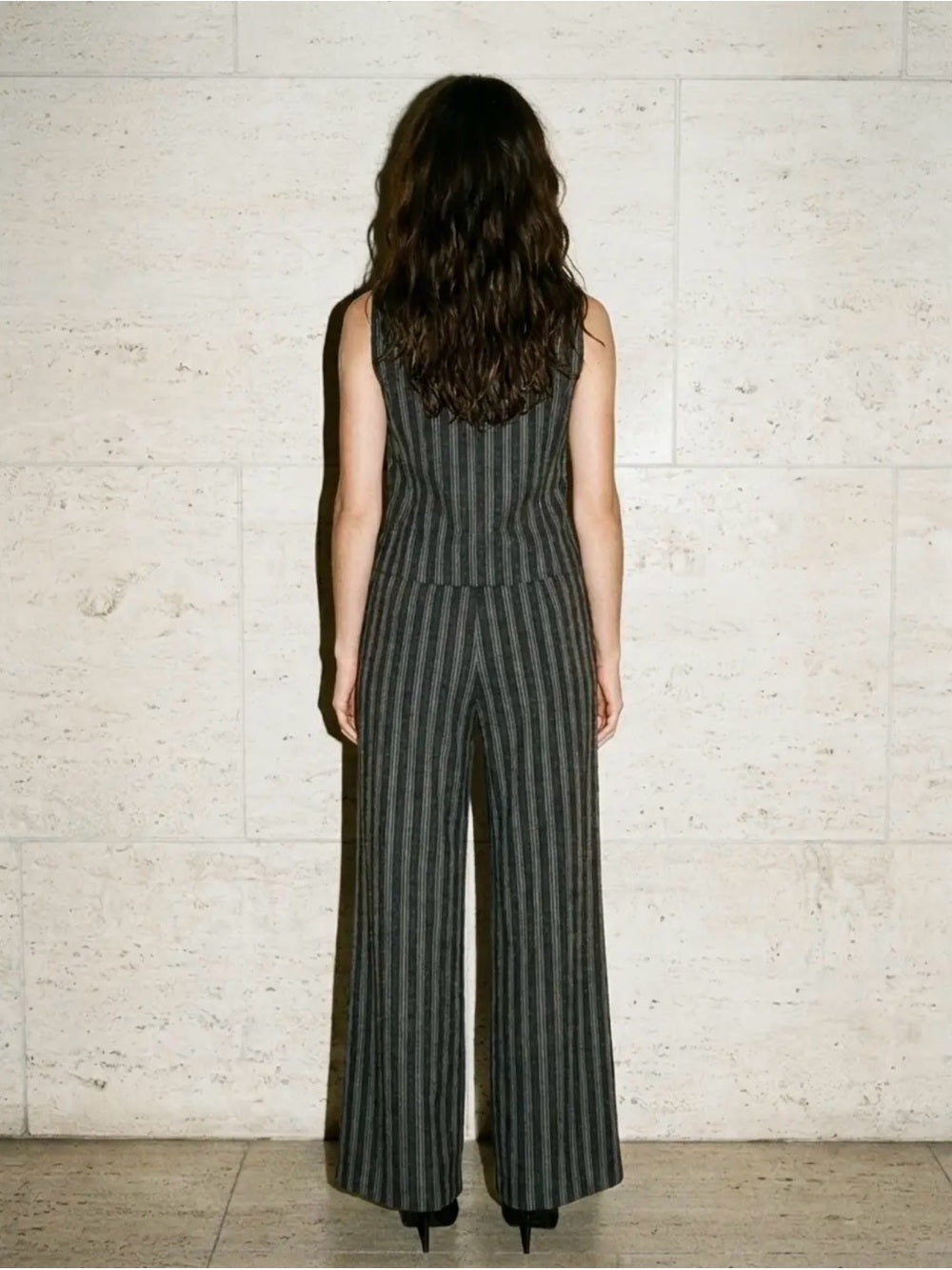 A596. Napoleon Striped Sleeveless Wide-Leg Vest & Pants in Charcoal