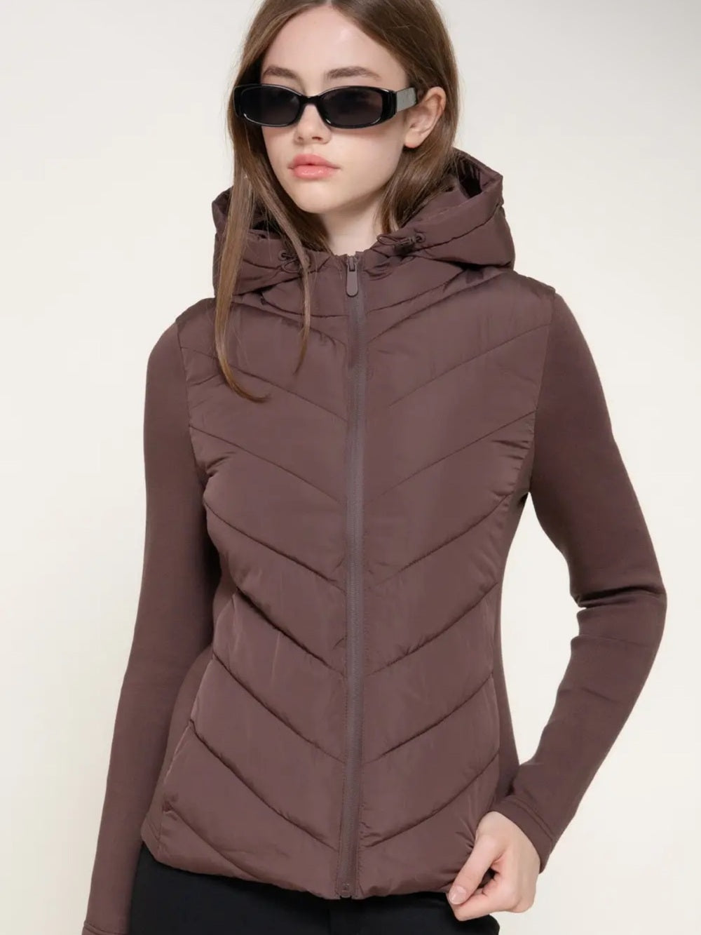 A600. Women's Hooded Quilted Jacket Brown