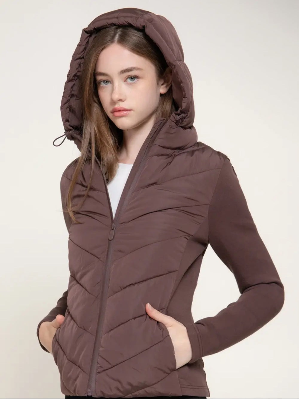A600. Women's Hooded Quilted Jacket Brown