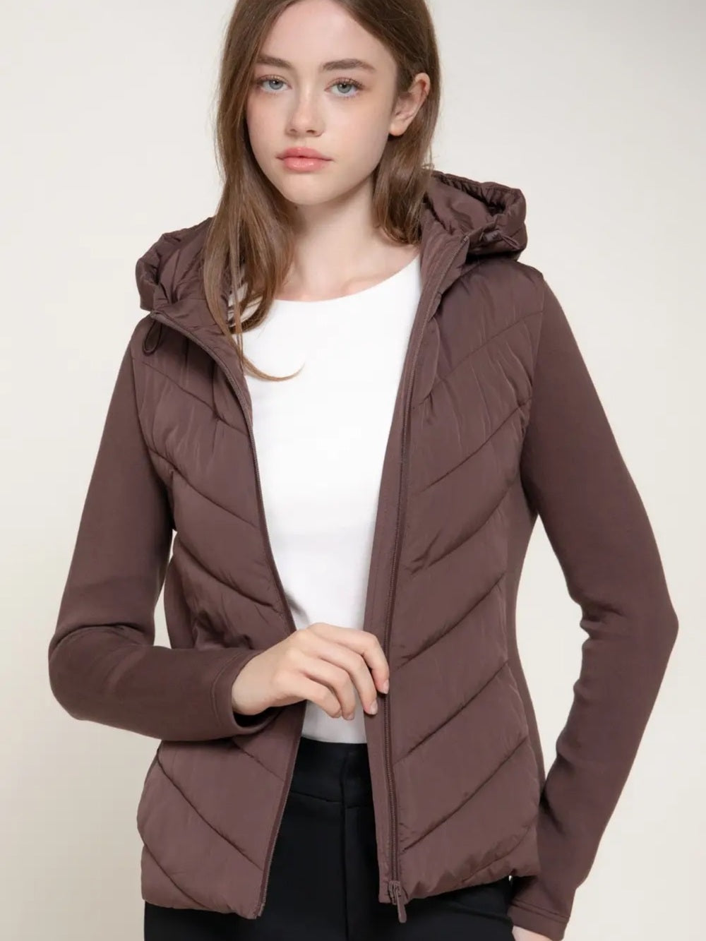 A600. Women's Hooded Quilted Jacket Brown