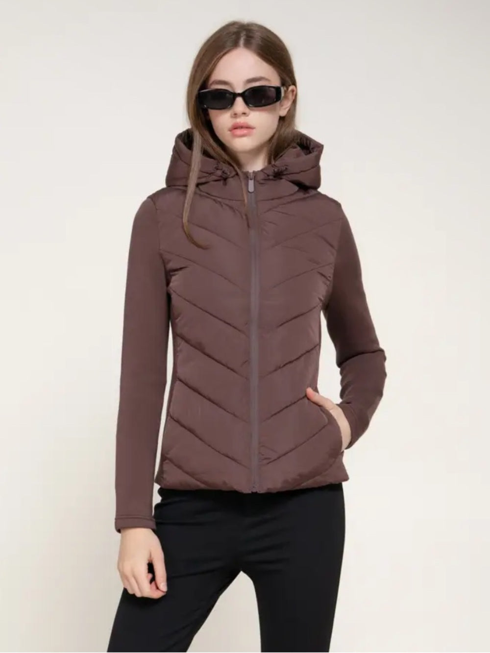 A600. Women's Hooded Quilted Jacket Brown