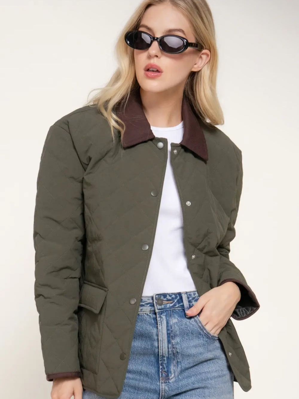A599. Quilted Olive Green Jacket with Contrast Collar - Women