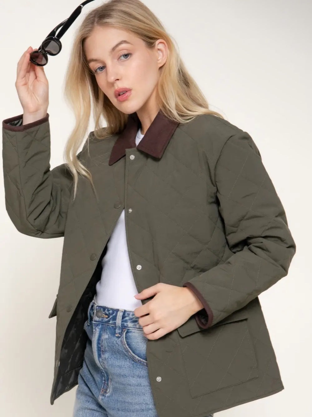 A599. Quilted Olive Green Jacket with Contrast Collar - Women