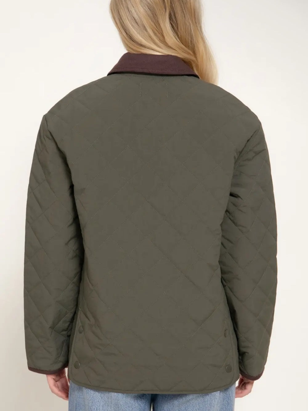 A599. Quilted Olive Green Jacket with Contrast Collar - Women