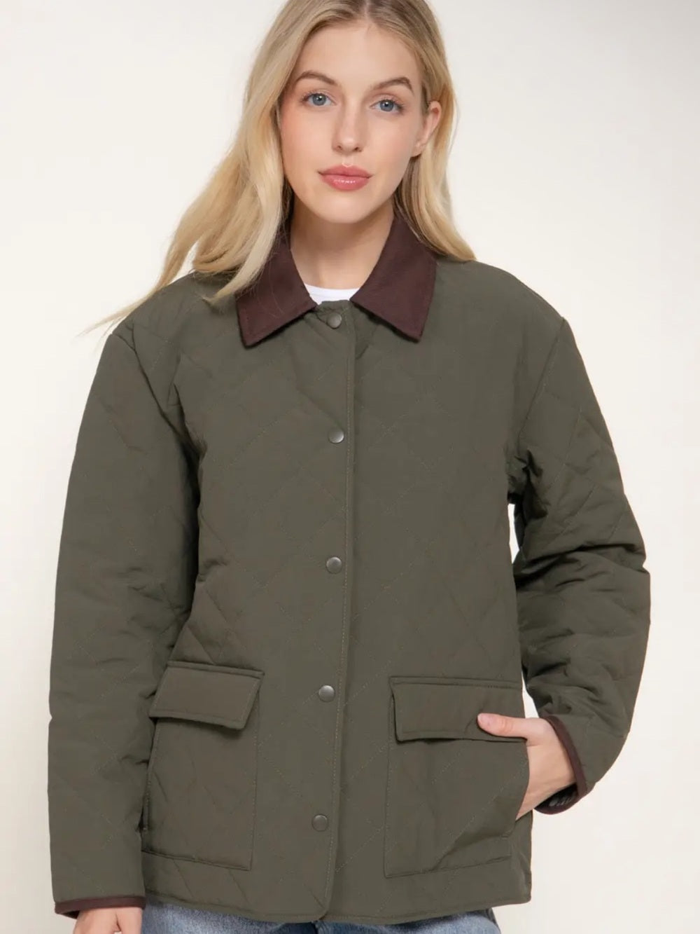 A599. Quilted Olive Green Jacket with Contrast Collar - Women