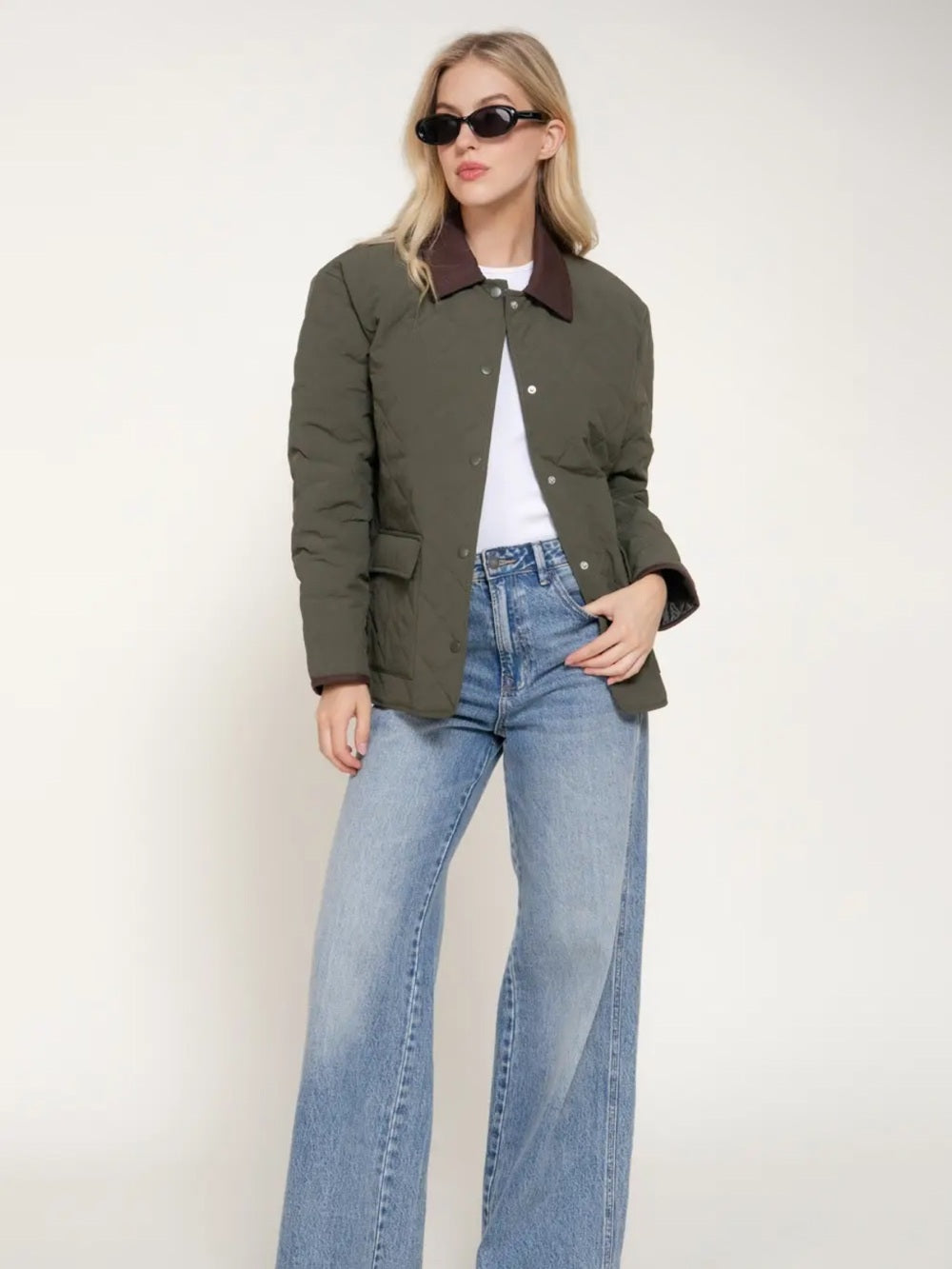 A599. Quilted Olive Green Jacket with Contrast Collar - Women