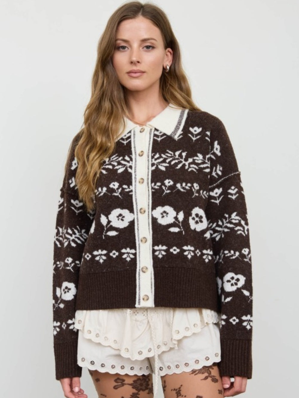 A602. Brown Floral Button-Up Knit Sweater with Contrast Collar