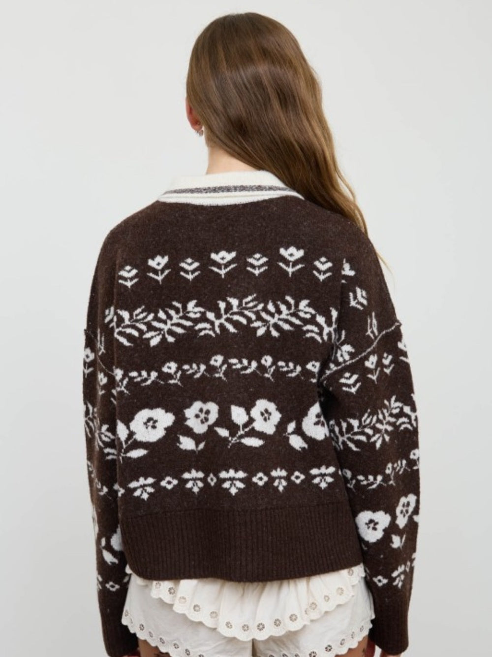 A602. Brown Floral Button-Up Knit Sweater with Contrast Collar