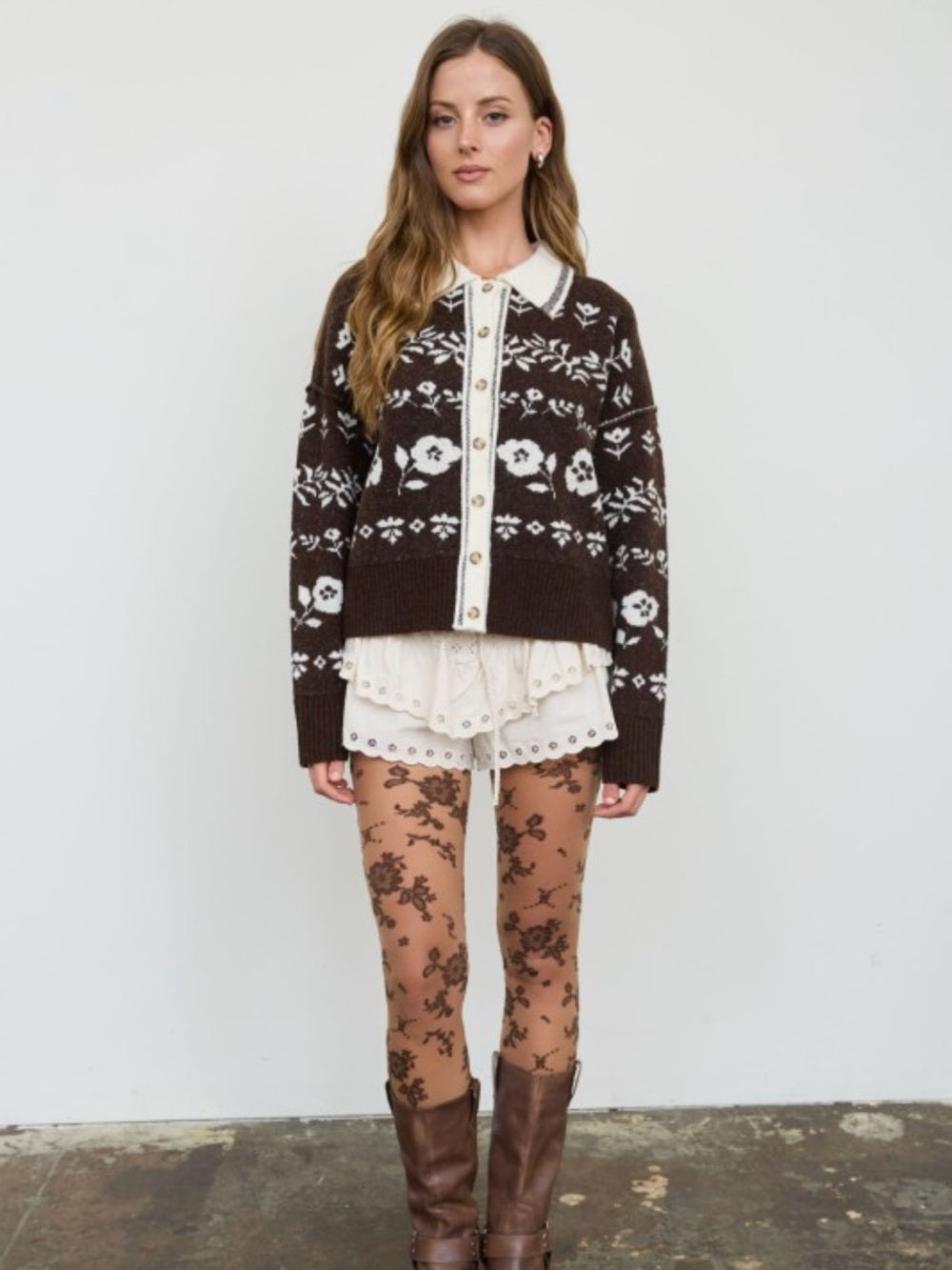 A602. Brown Floral Button-Up Knit Sweater with Contrast Collar