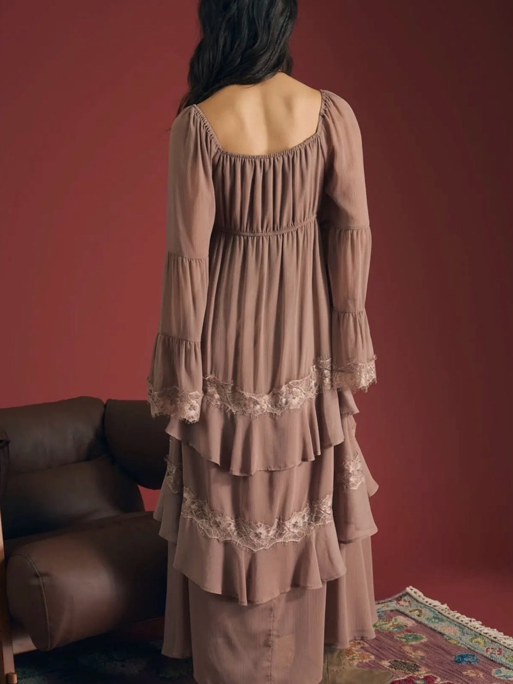 A603. Women's Dusty Rose Lace-Trim Long Sleeve Dress