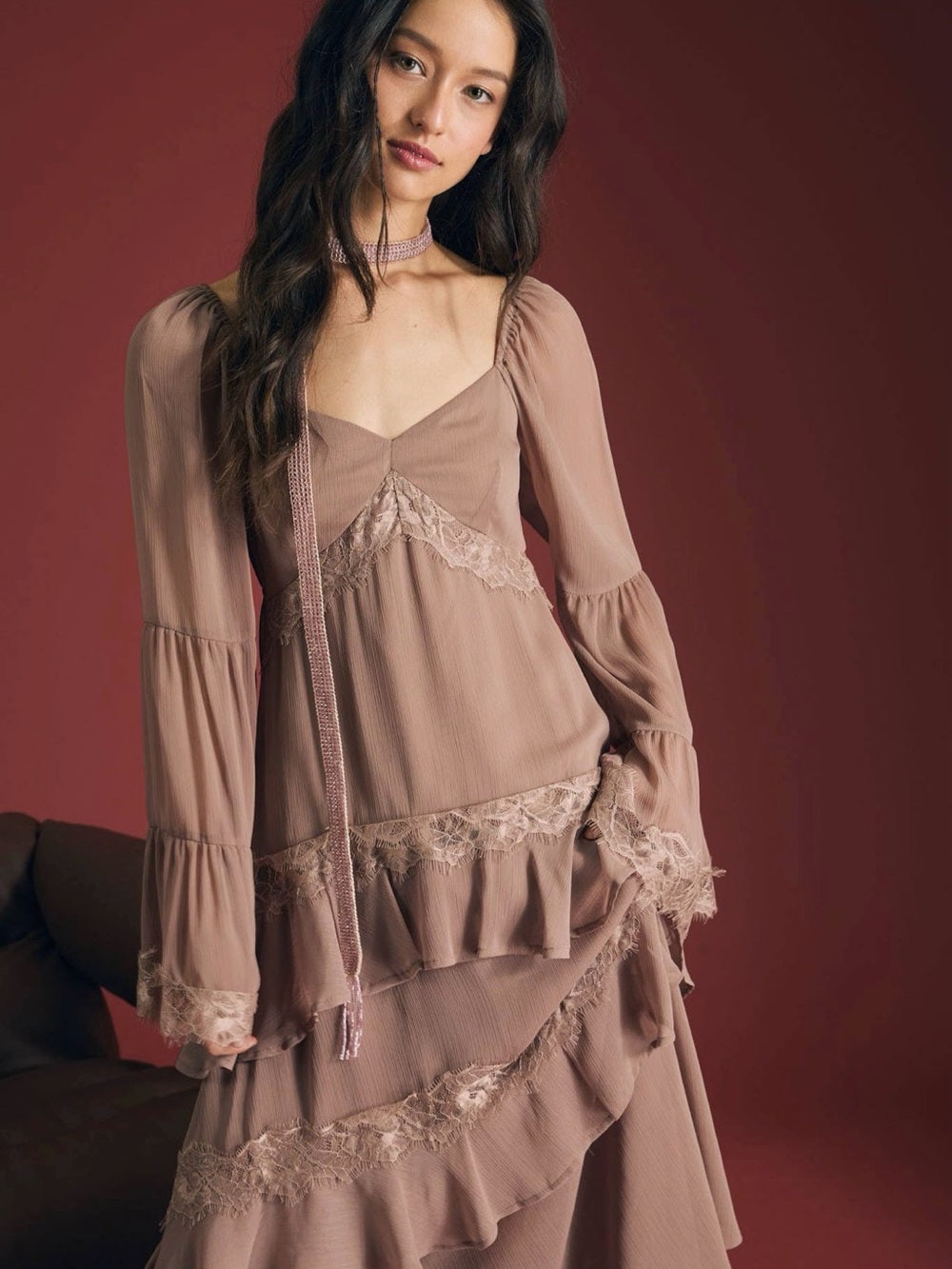 A603. Women's Dusty Rose Lace-Trim Long Sleeve Dress