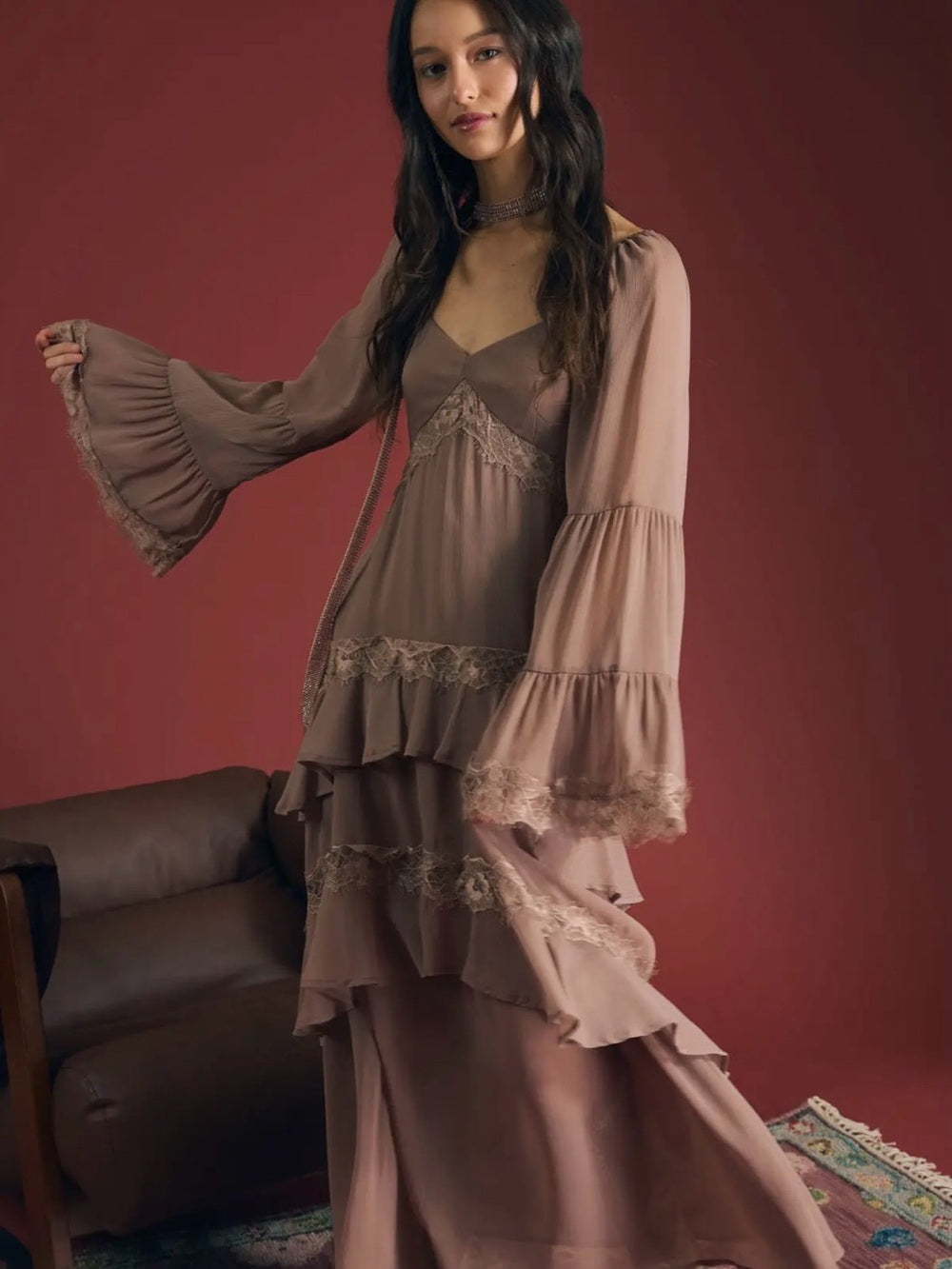 A603. Women's Dusty Rose Lace-Trim Long Sleeve Dress
