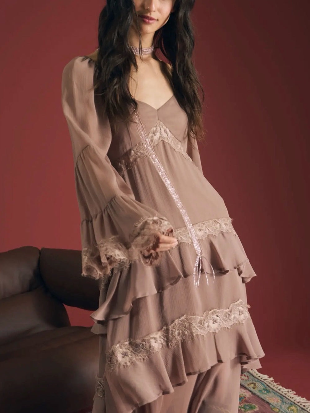 A603. Women's Dusty Rose Lace-Trim Long Sleeve Dress