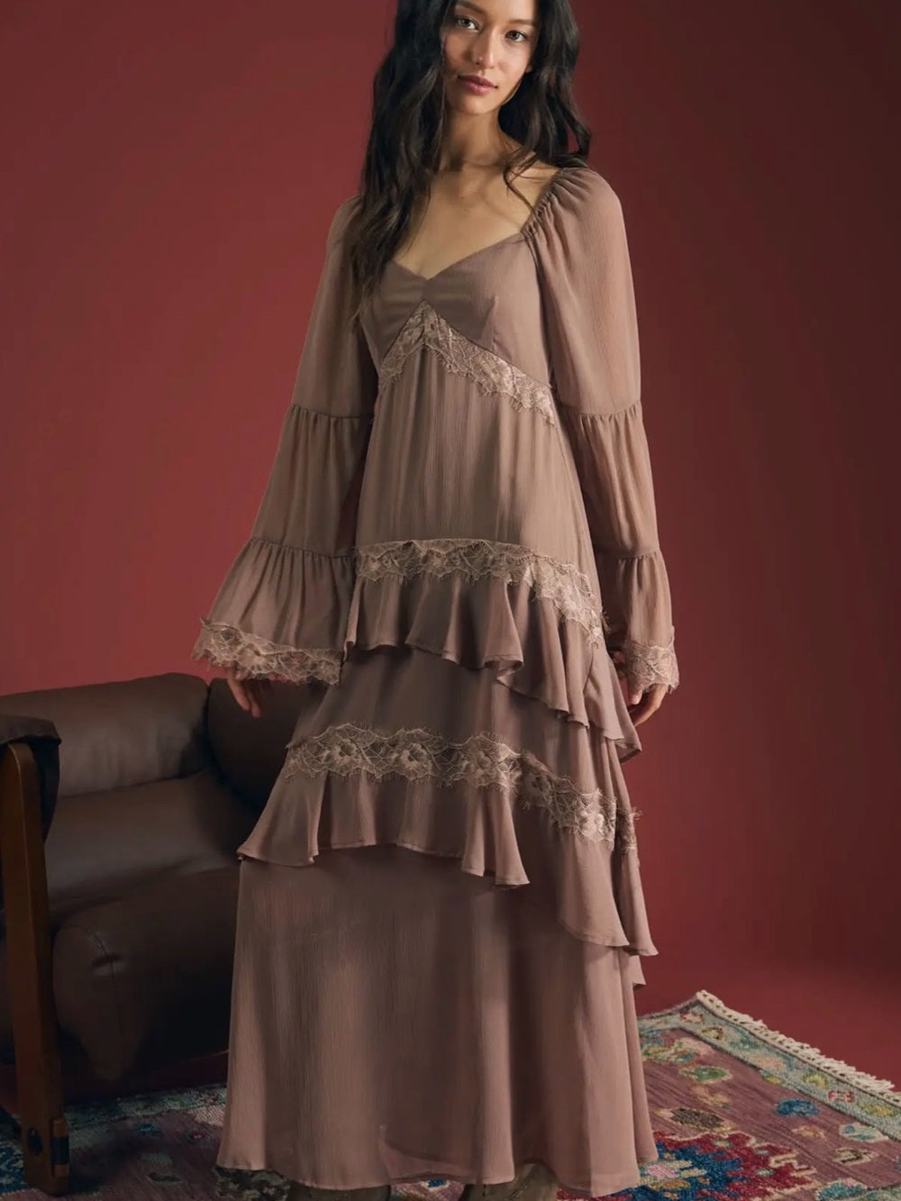 A603. Women's Dusty Rose Lace-Trim Long Sleeve Dress