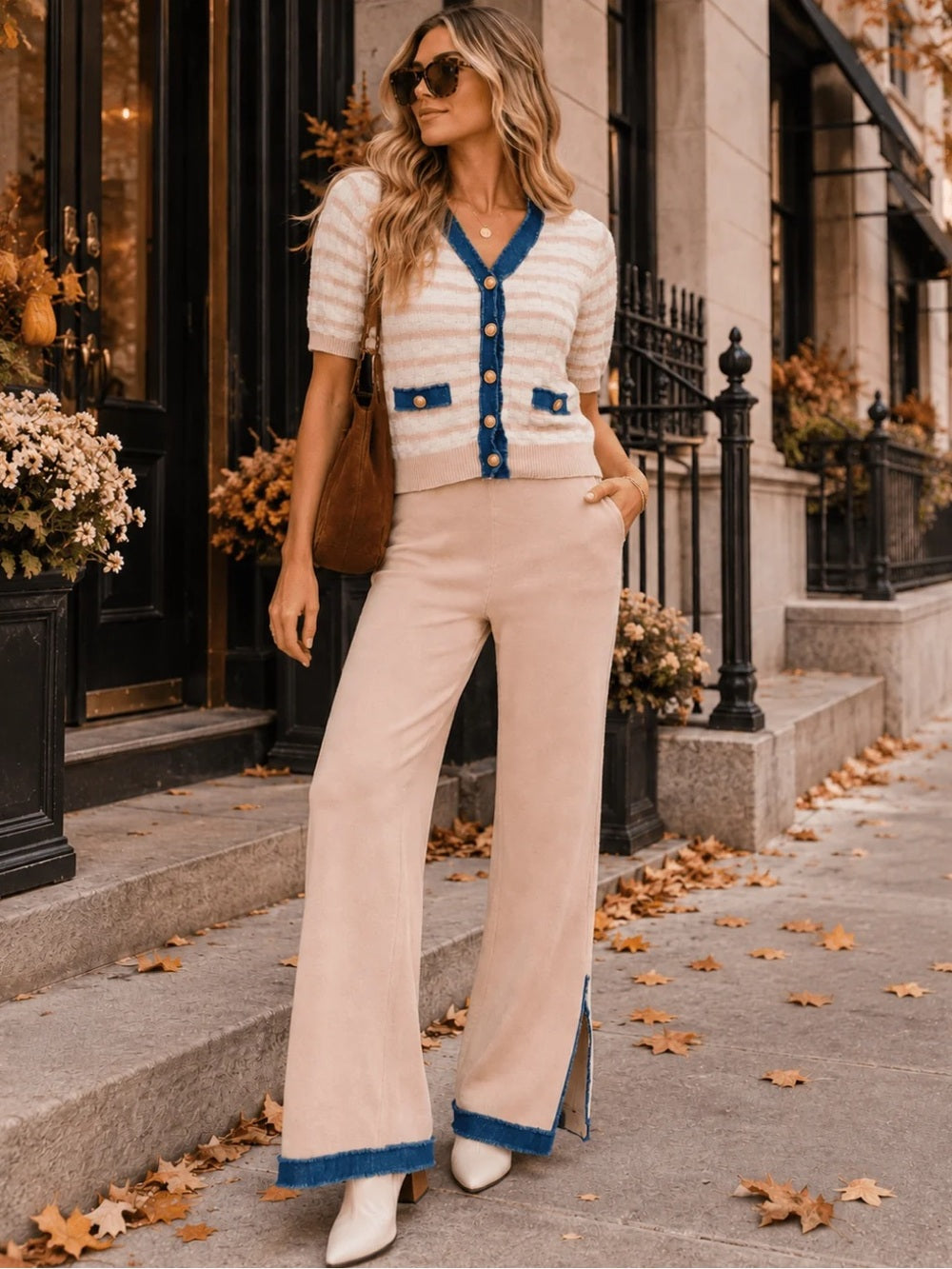 A605 Neutral Wide-Leg Pants & Knit Top with Blue Trim - Women