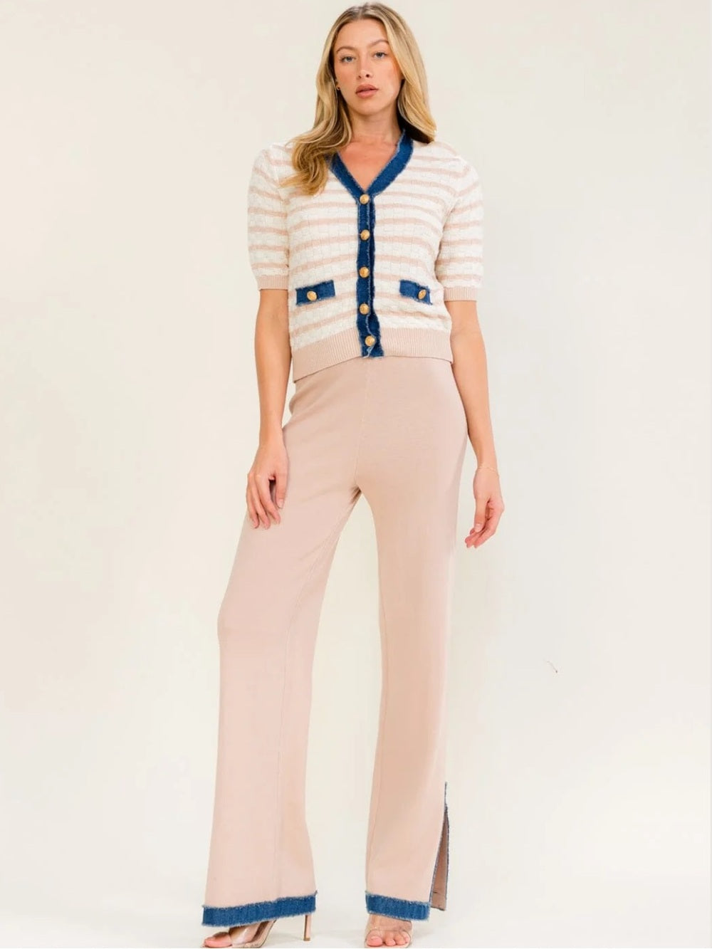 A605 Neutral Wide-Leg Pants & Knit Top with Blue Trim - Women
