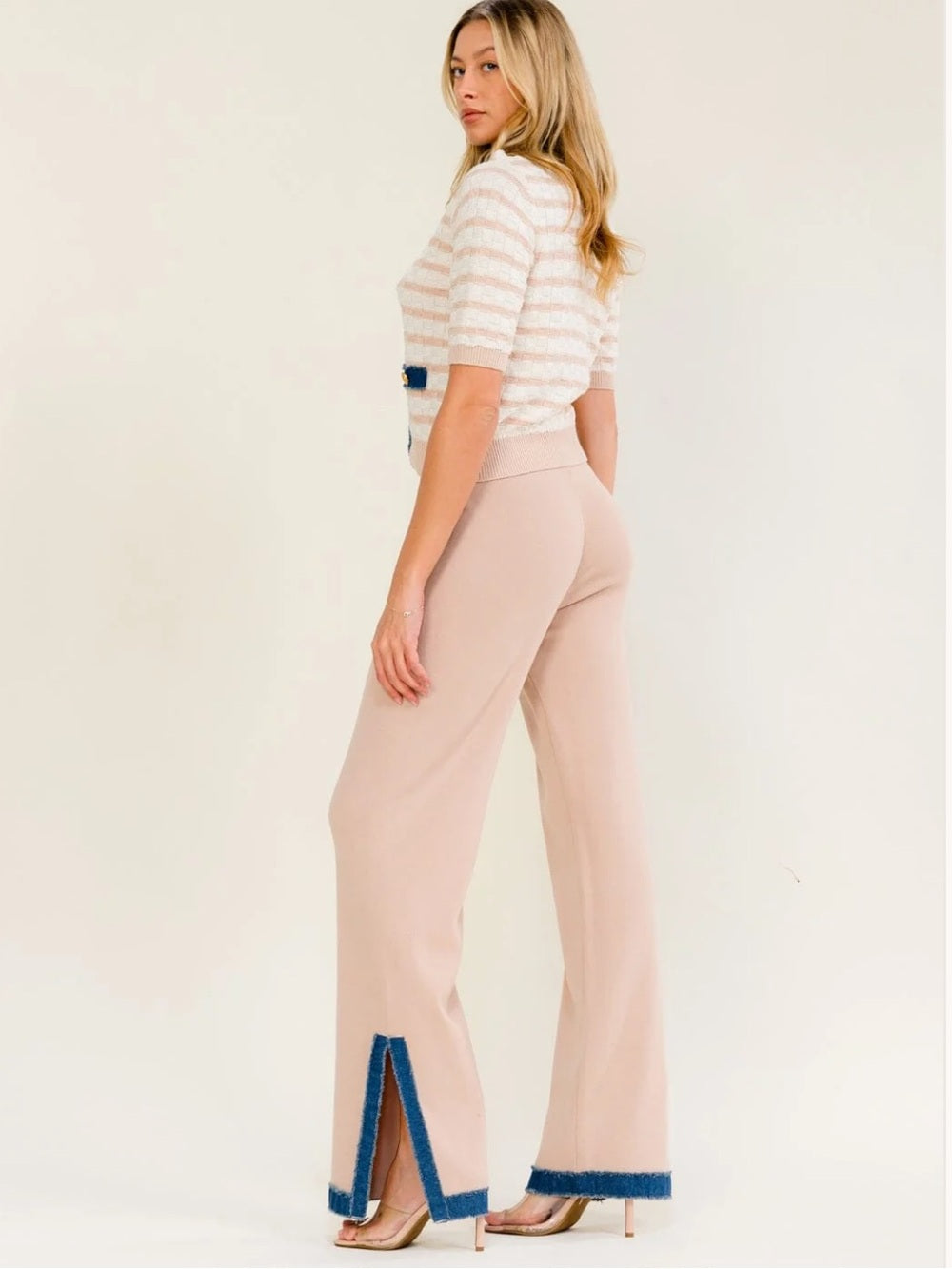 A605 Neutral Wide-Leg Pants & Knit Top with Blue Trim - Women