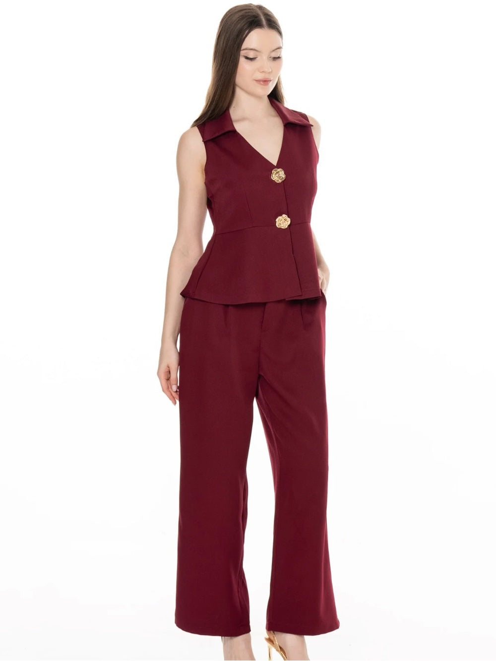 A607 Sleeveless Peplum Pant Set in Burgundy