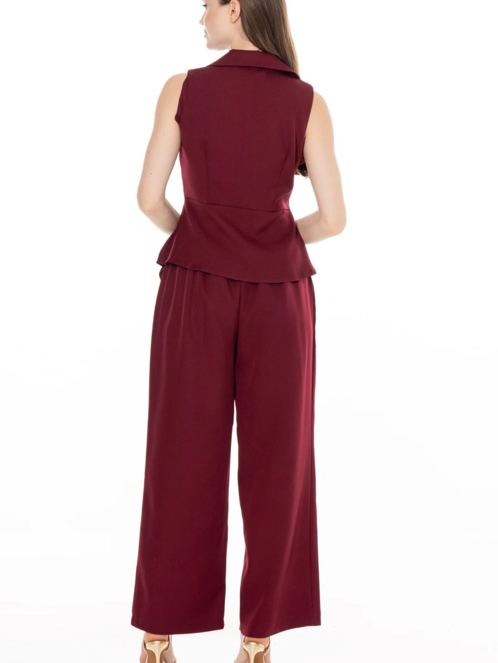 A607 Sleeveless Peplum Pant Set in Burgundy