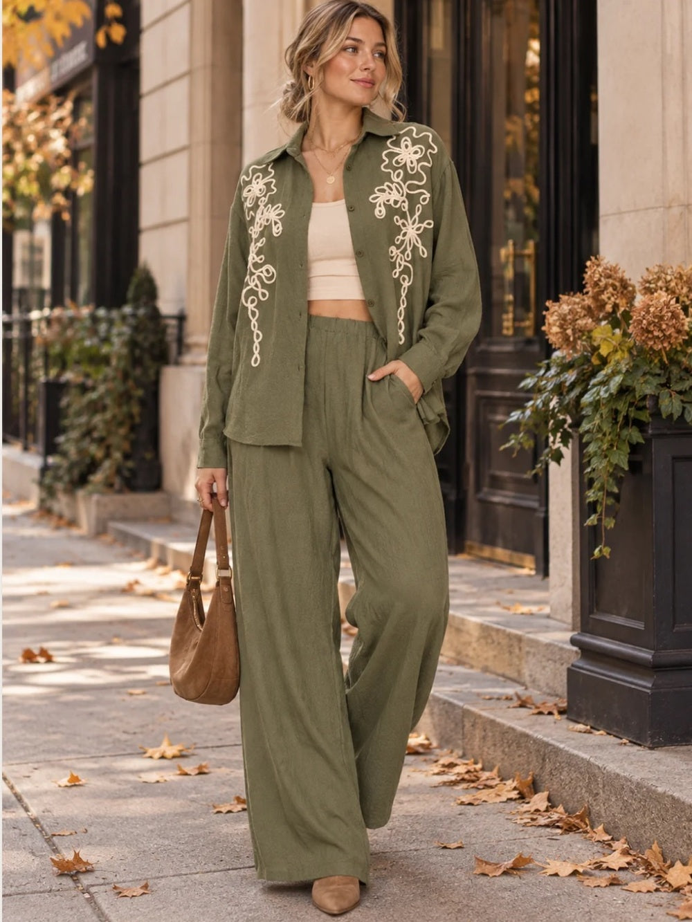 A608 Olive Green Embroidered Women's Wide-Leg Pants & Shirt Set