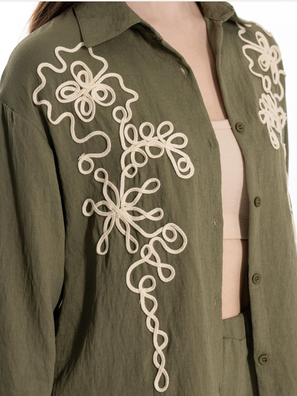 A608 Olive Green Embroidered Women's Wide-Leg Pants & Shirt Set