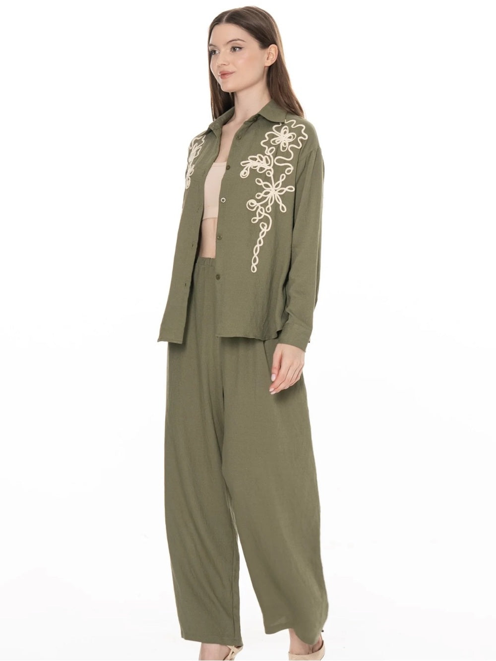 A608 Olive Green Embroidered Women's Wide-Leg Pants & Shirt Set
