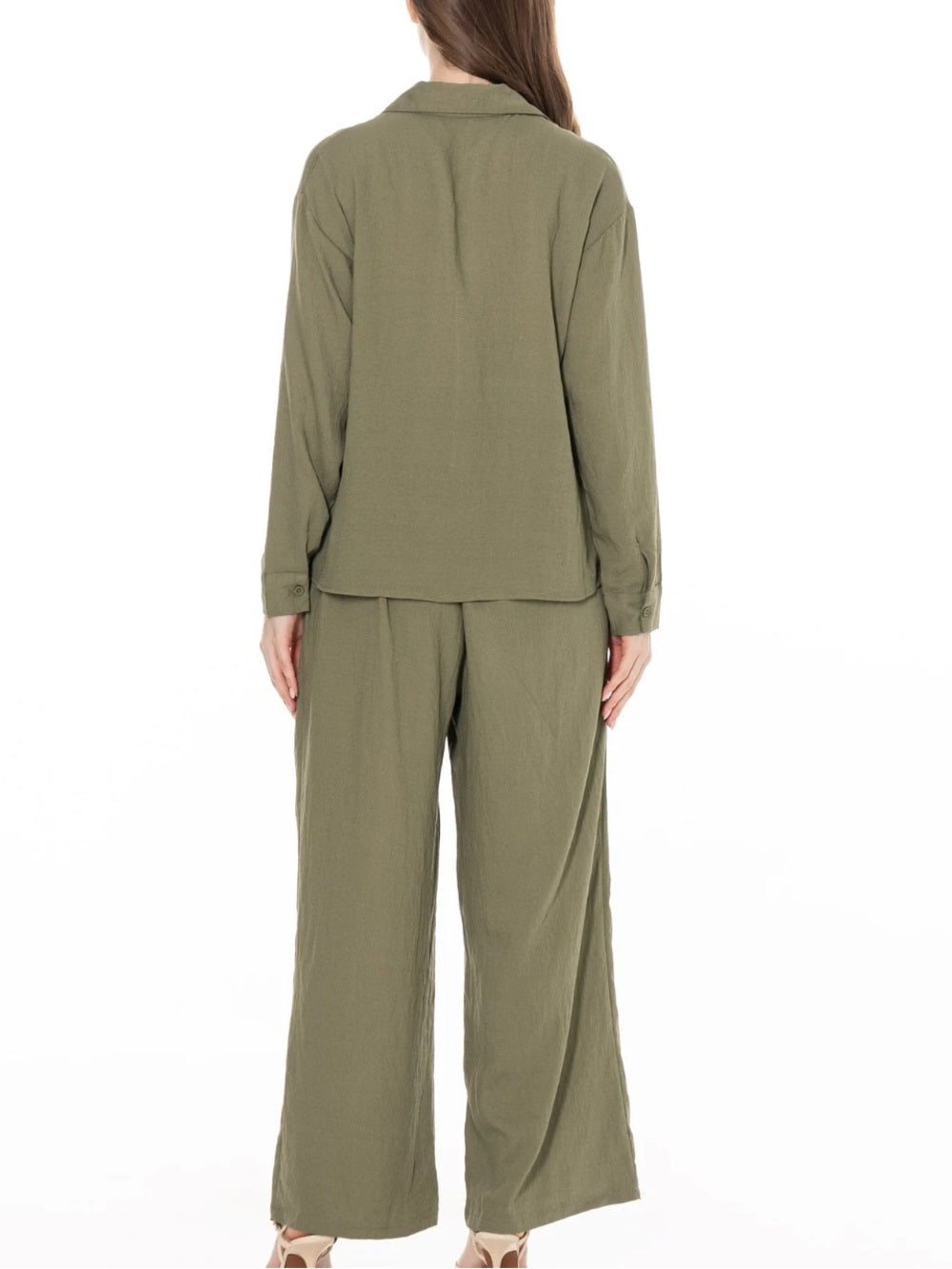 A608 Olive Green Embroidered Women's Wide-Leg Pants & Shirt Set