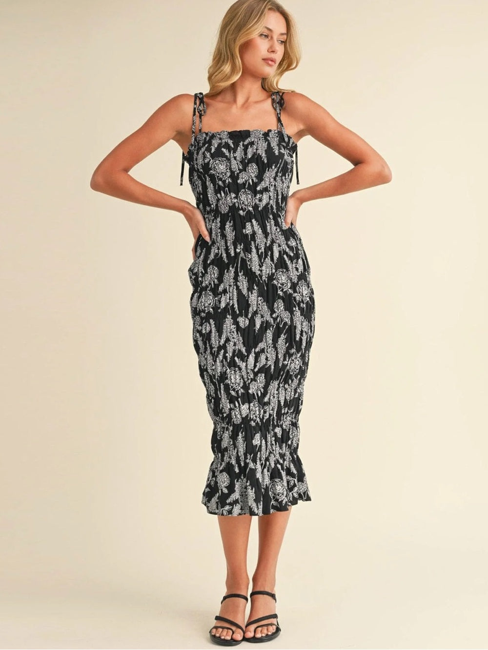 A609 Black Floral Smocked Midi Dress with Tie Straps