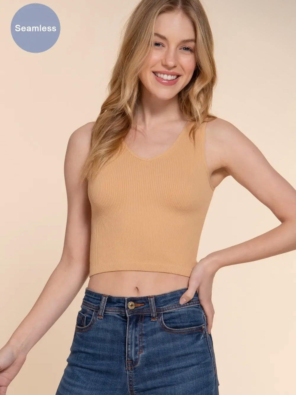 A614. Seamless Ribbed Cropped Tank Top in Tan