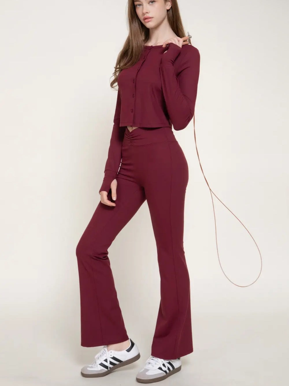 A622 High-Rise Ruched Waist Flared Yoga Pants - Burgundy