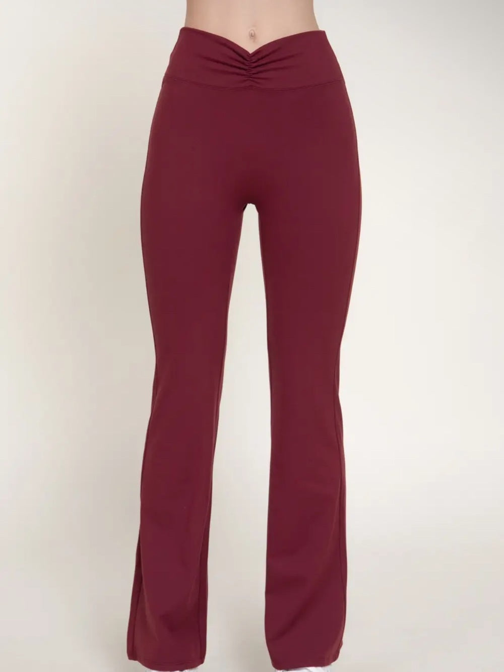 A622 High-Rise Ruched Waist Flared Yoga Pants - Burgundy