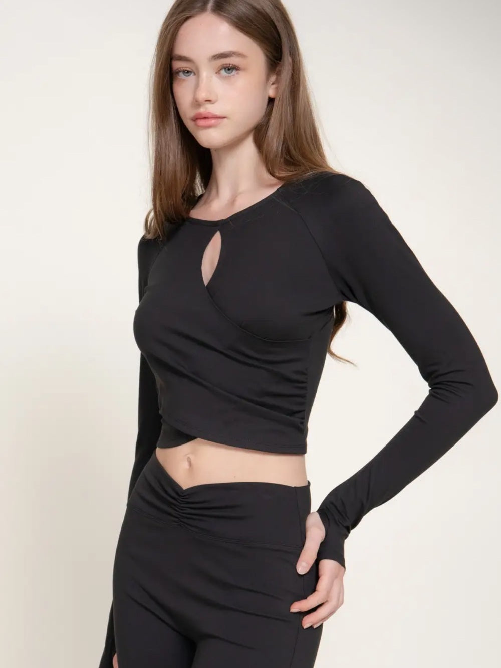 A623 Activewear Long Sleeve Black Keyhole Wrap Crop Top - Women