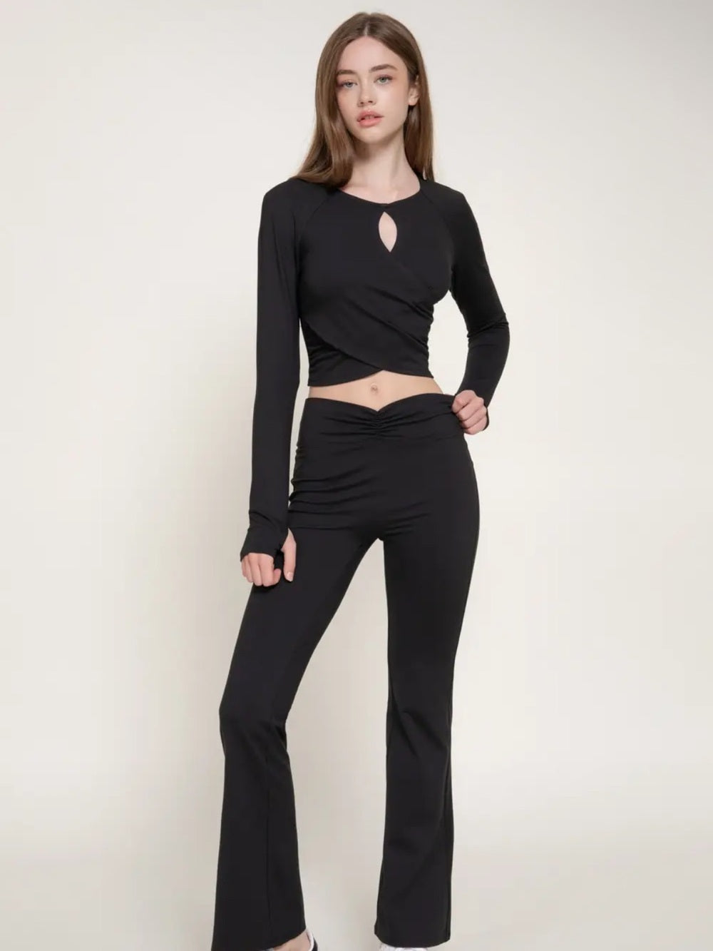 A623 Activewear Long Sleeve Black Keyhole Wrap Crop Top - Women