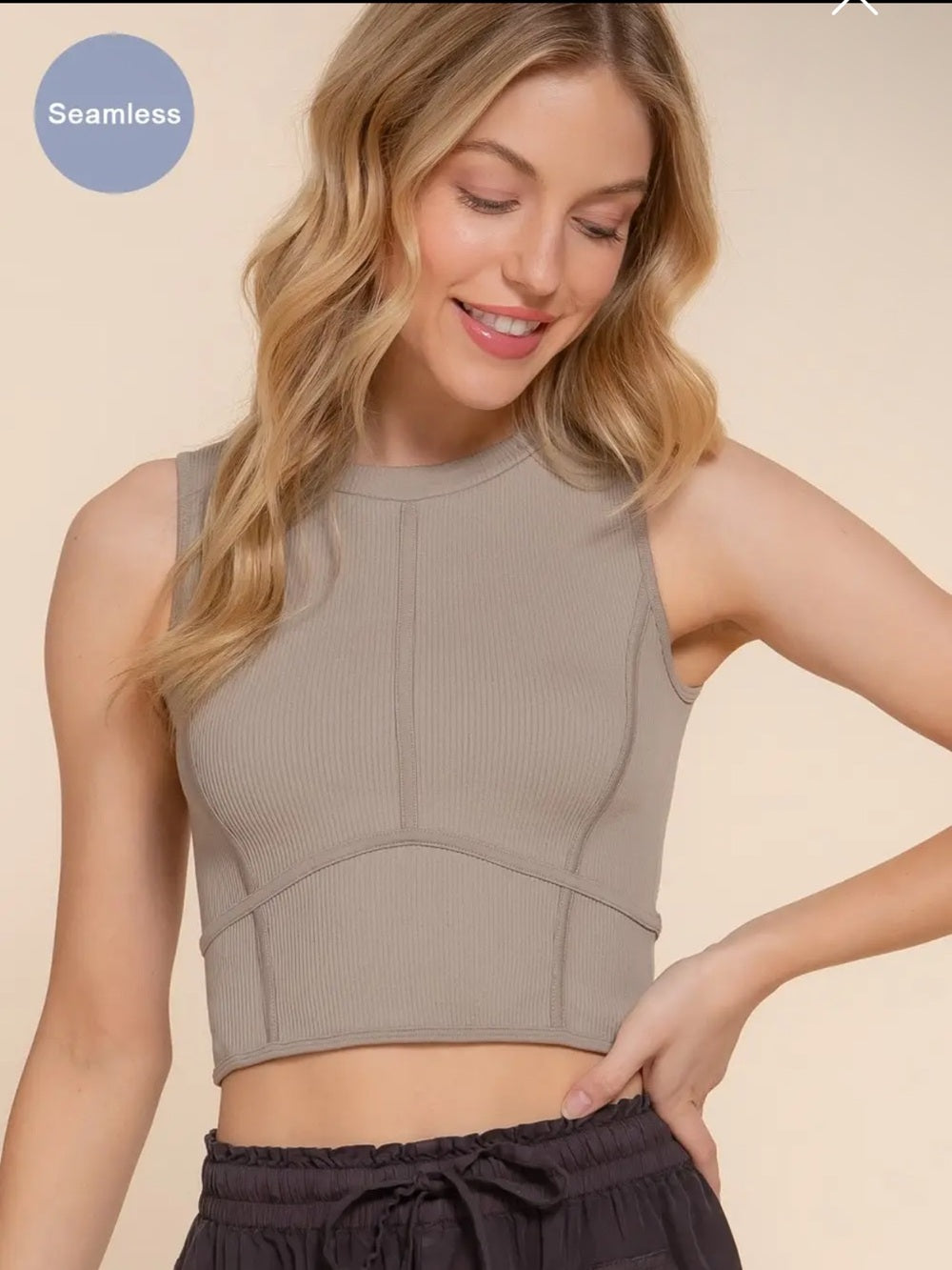 A624 Seamless Ribbed Cropped Tank Top - Taupe