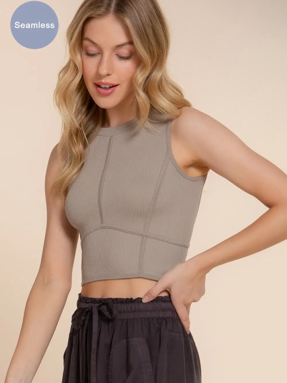 A624 Seamless Ribbed Cropped Tank Top - Taupe