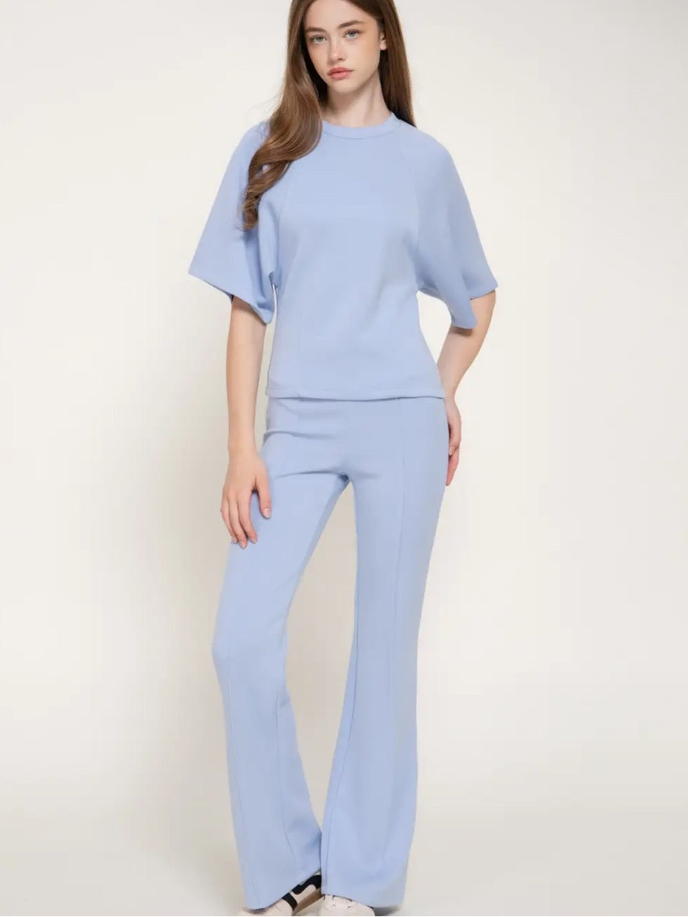 A625. Light Sky Blue Women's Wide-Leg Knit Pants & Top Set