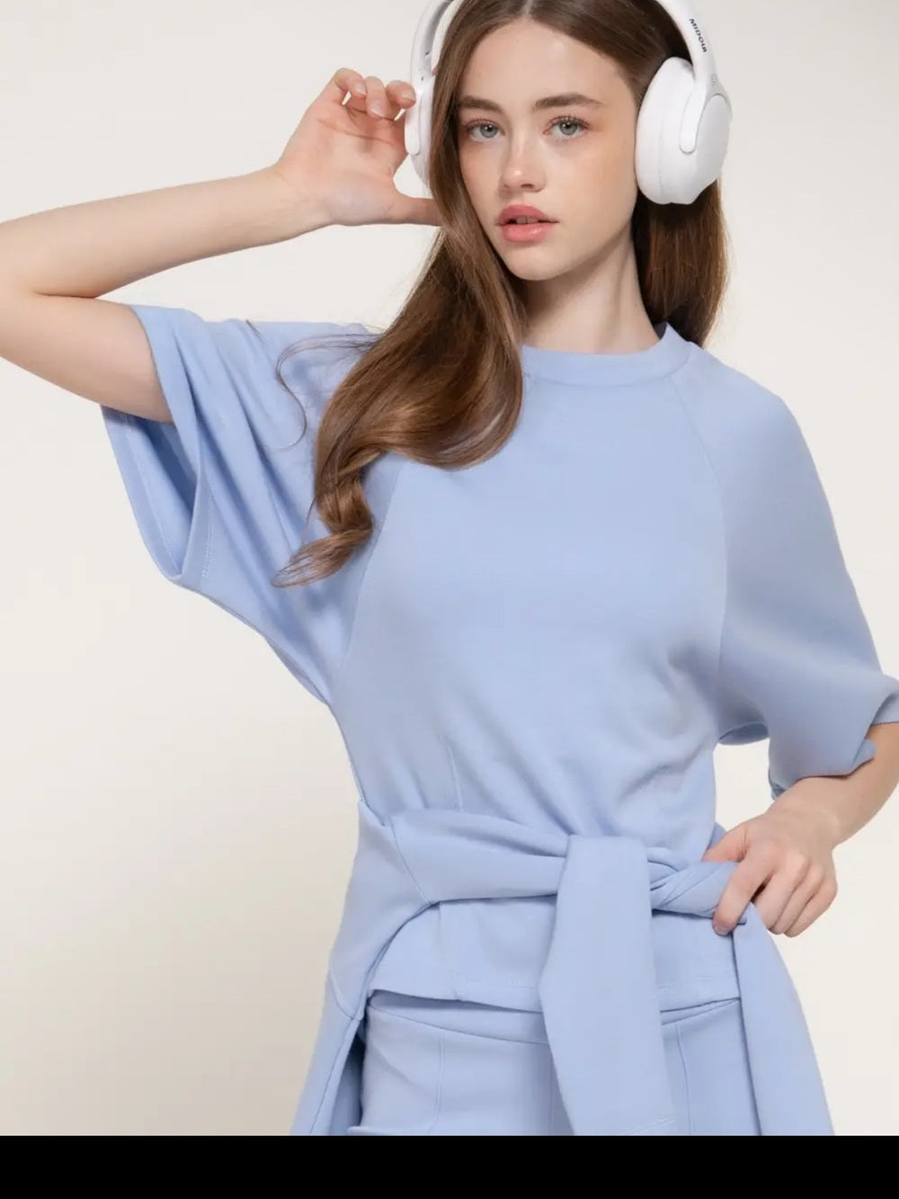 A625. Light Sky Blue Women's Wide-Leg Knit Pants & Top Set