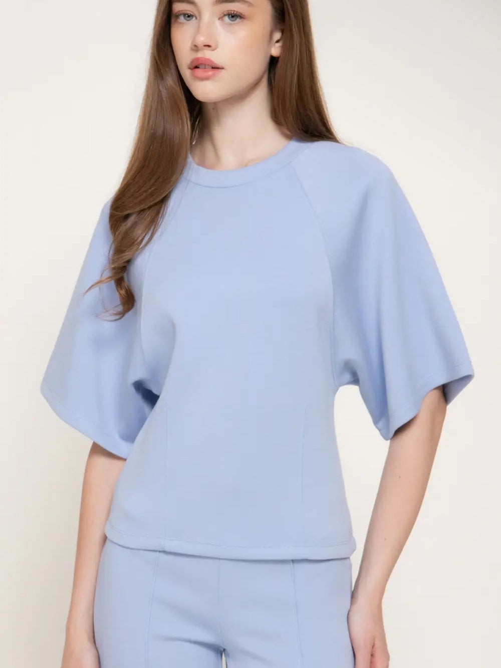 A625. Light Sky Blue Women's Wide-Leg Knit Pants & Top Set