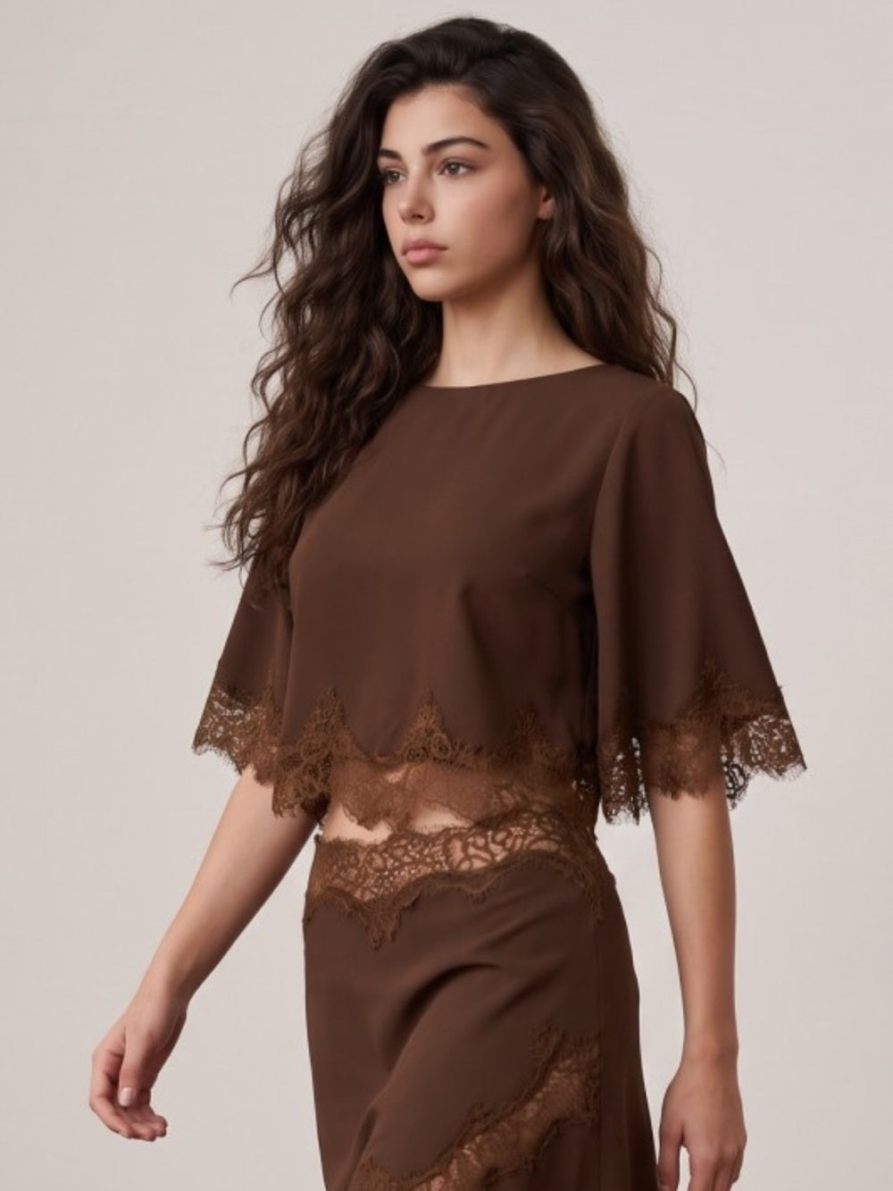 A626 Brown Lace-Trim Crop Top - Women