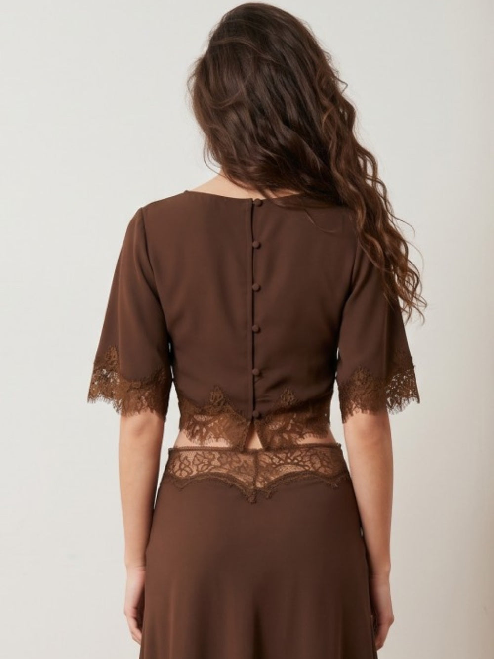 A626 Brown Lace-Trim Crop Top - Women