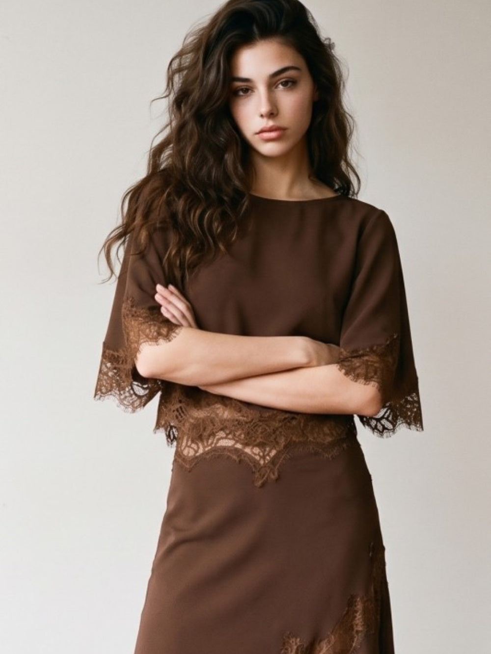 A626 Brown Lace-Trim Crop Top - Women