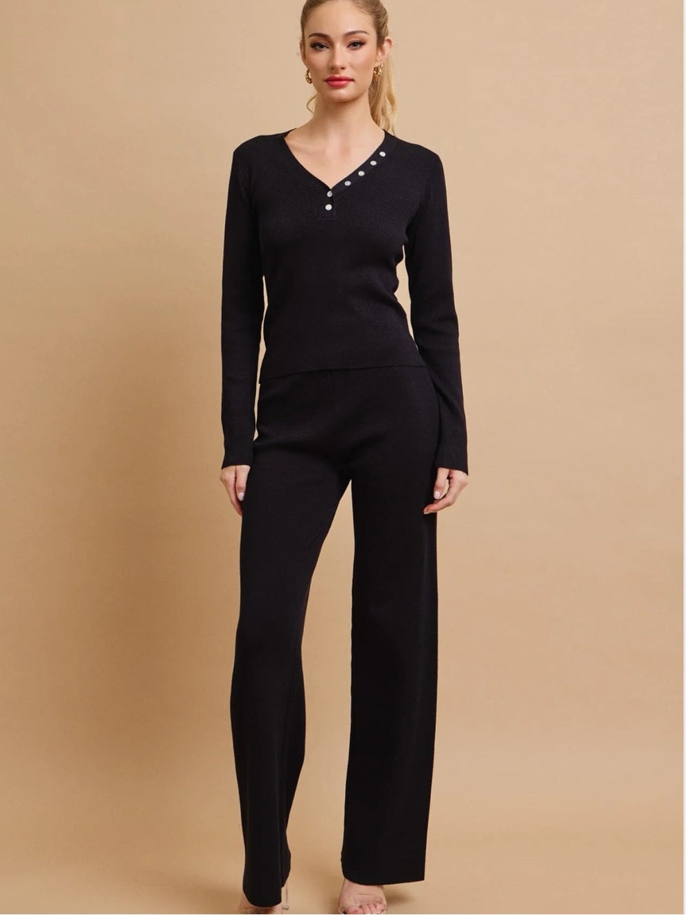 A628. Women's Black Knit Lounge Pants & Top Set - Cozy Long Sleeve Two-Piece