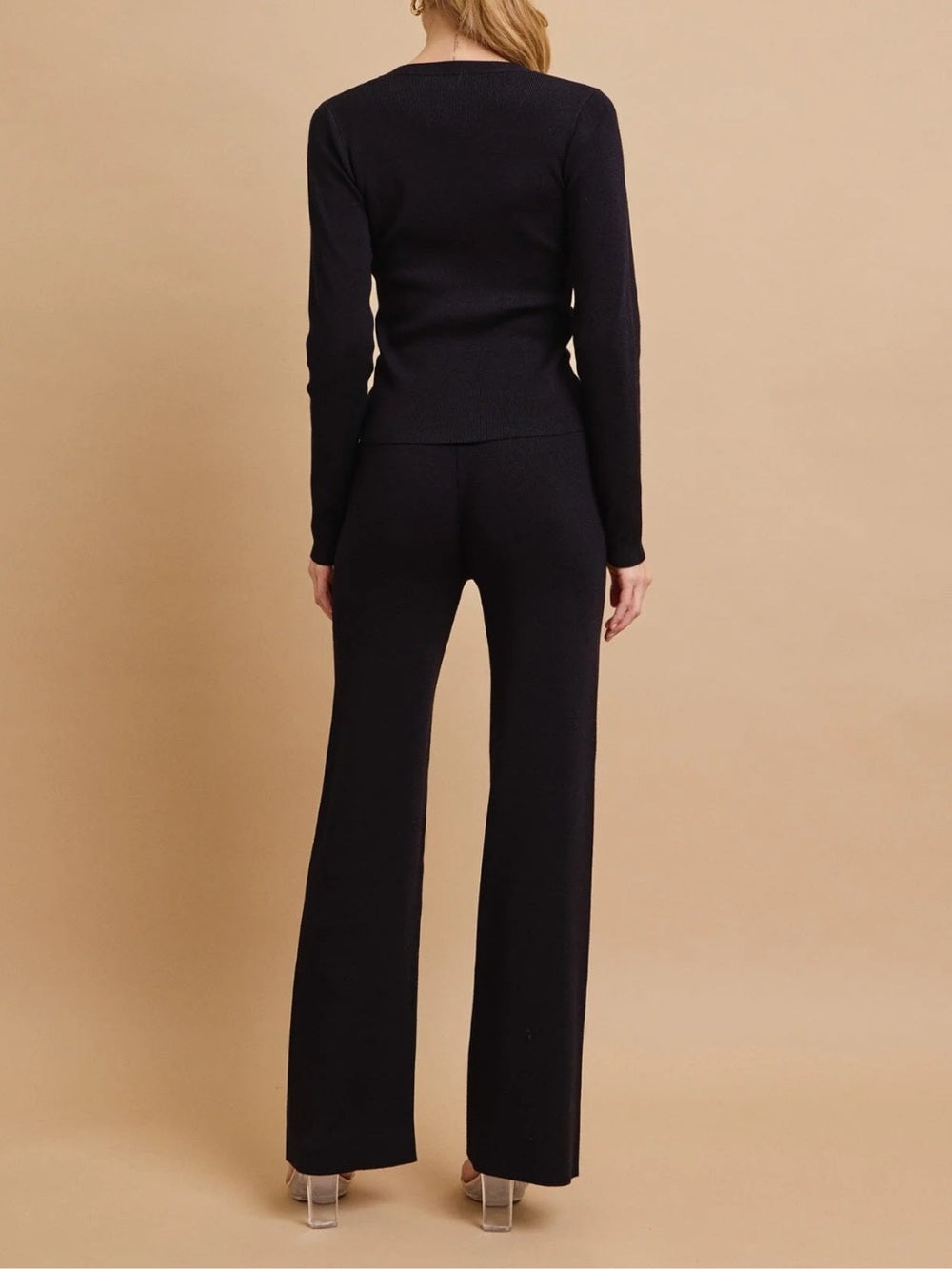A628. Women's Black Knit Lounge Pants & Top Set - Cozy Long Sleeve Two-Piece