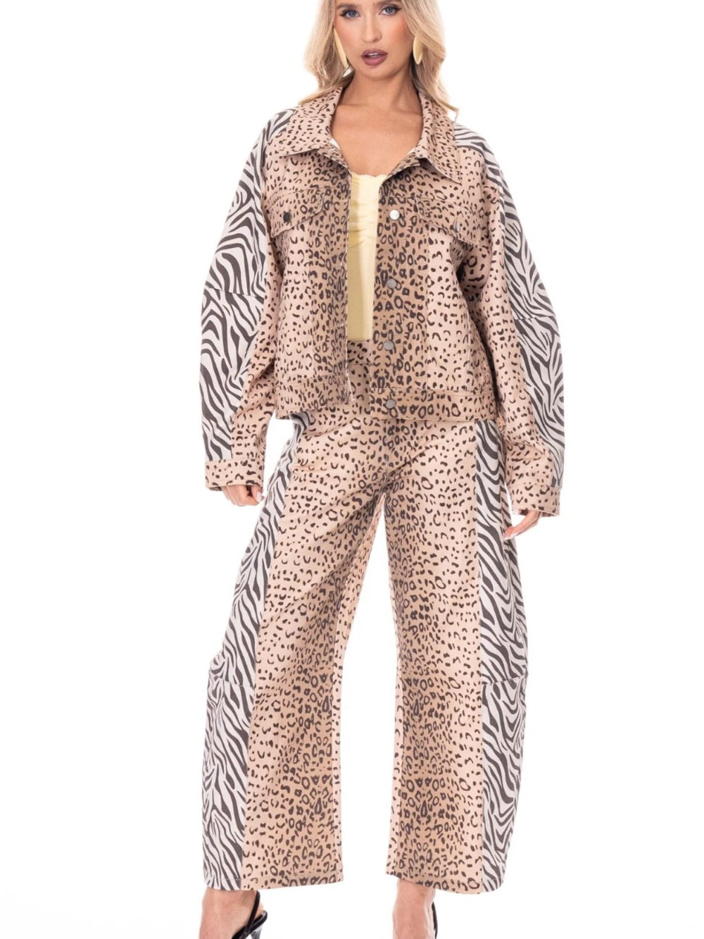 A626 Barrel Animal Print Wide-Leg Women’s Pants — Brown/Beige