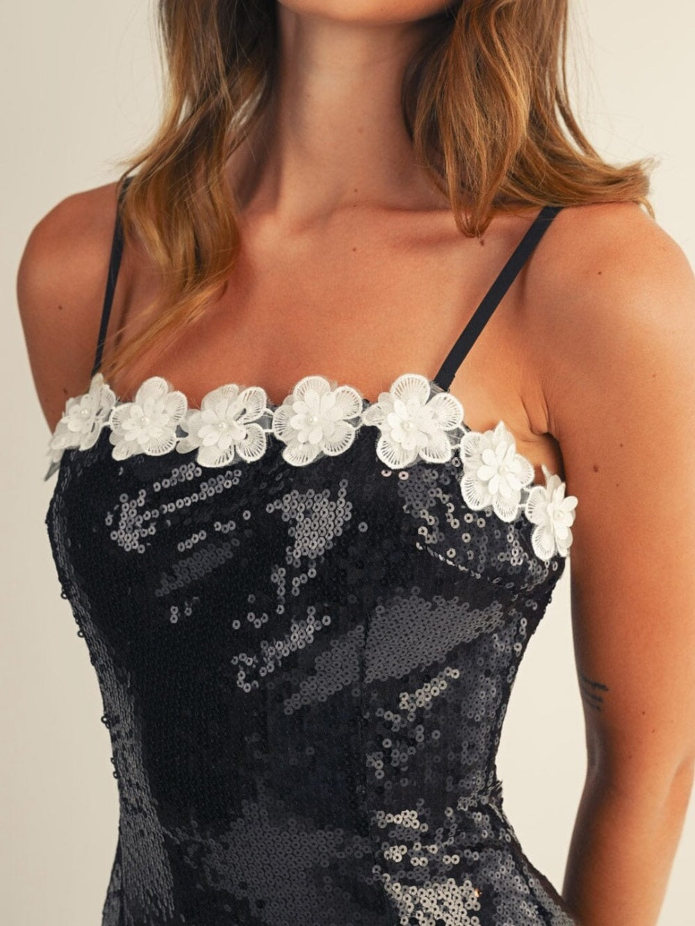 A628 Black Sequin Slip Dress with White Floral Trim