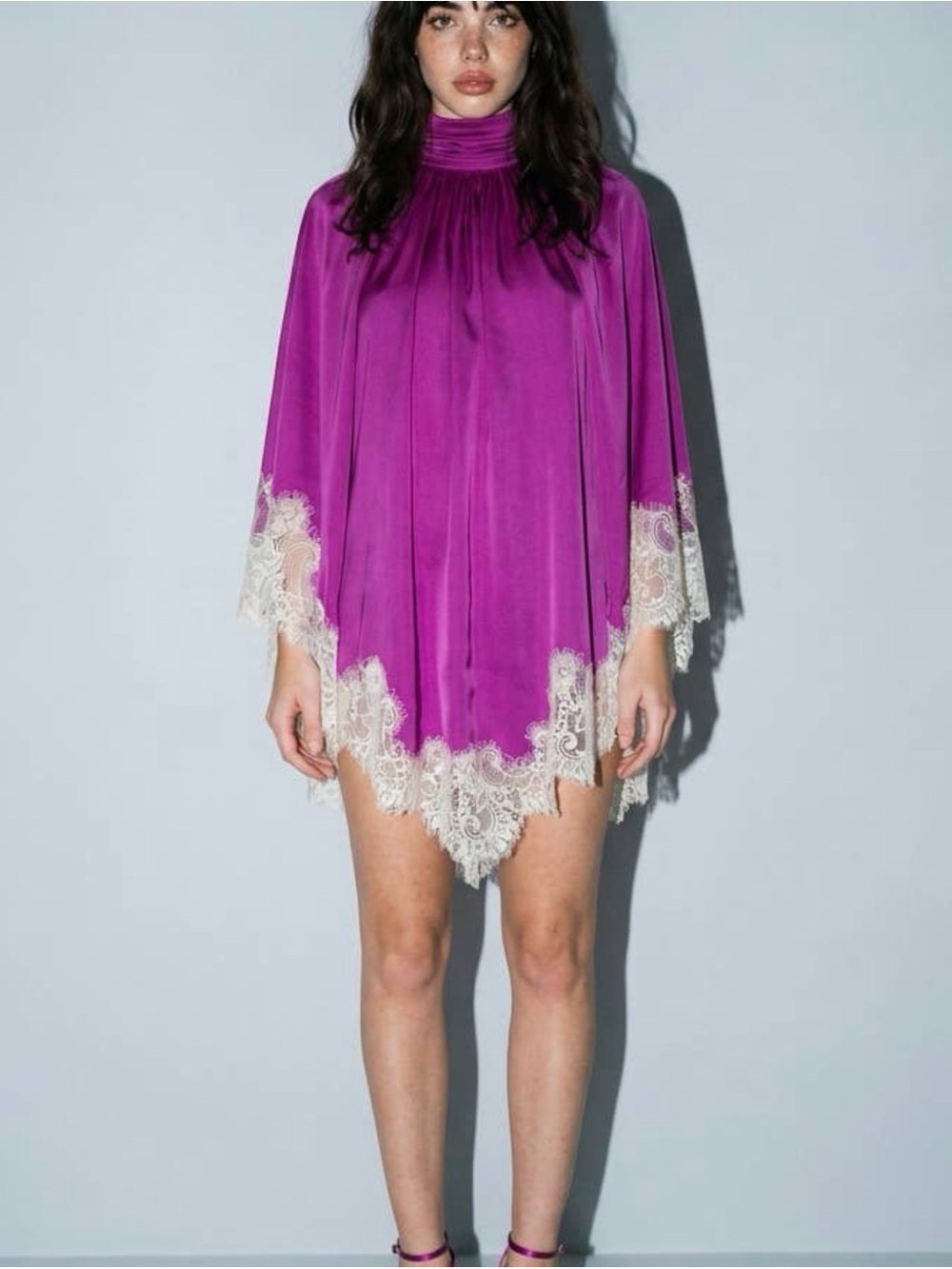 A629 Plum Lace-Trim Satin Dress