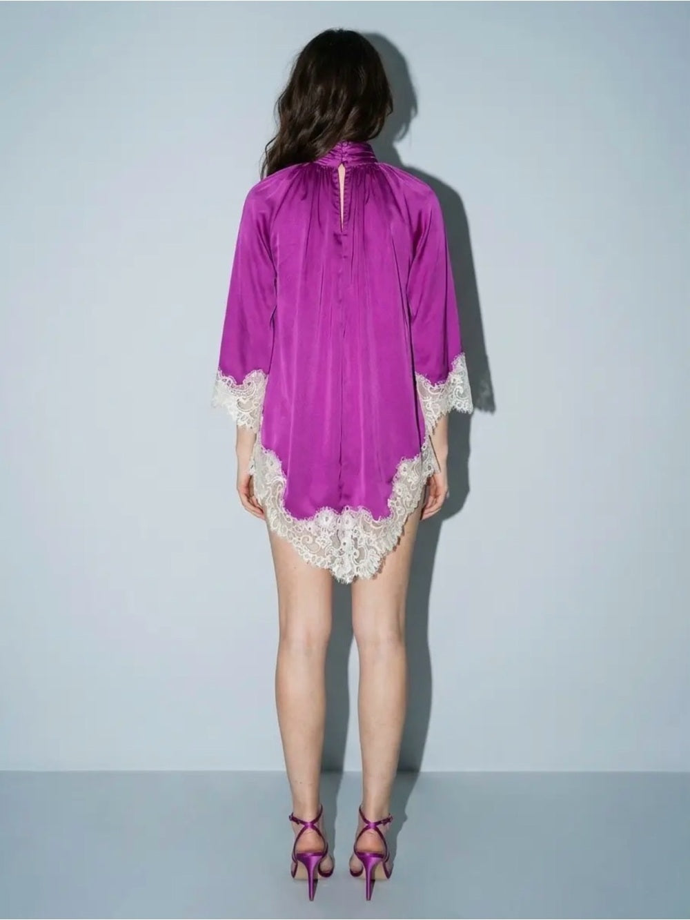 A629 Plum Lace-Trim Satin Dress