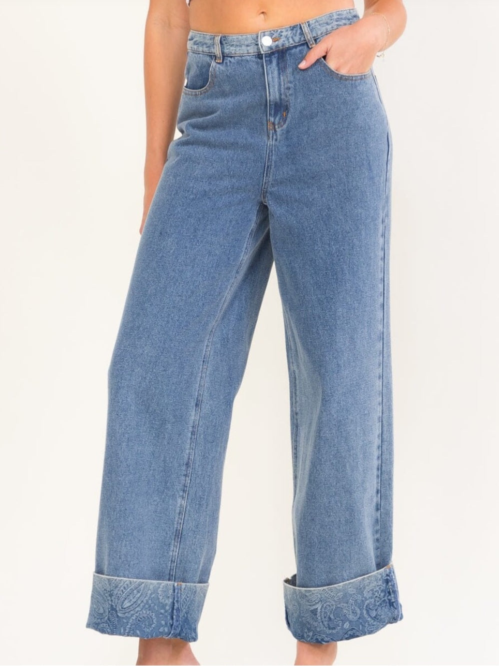 A630 Paisley Wide Leg High-Rise Blue Jeans – Casual Women's Denim