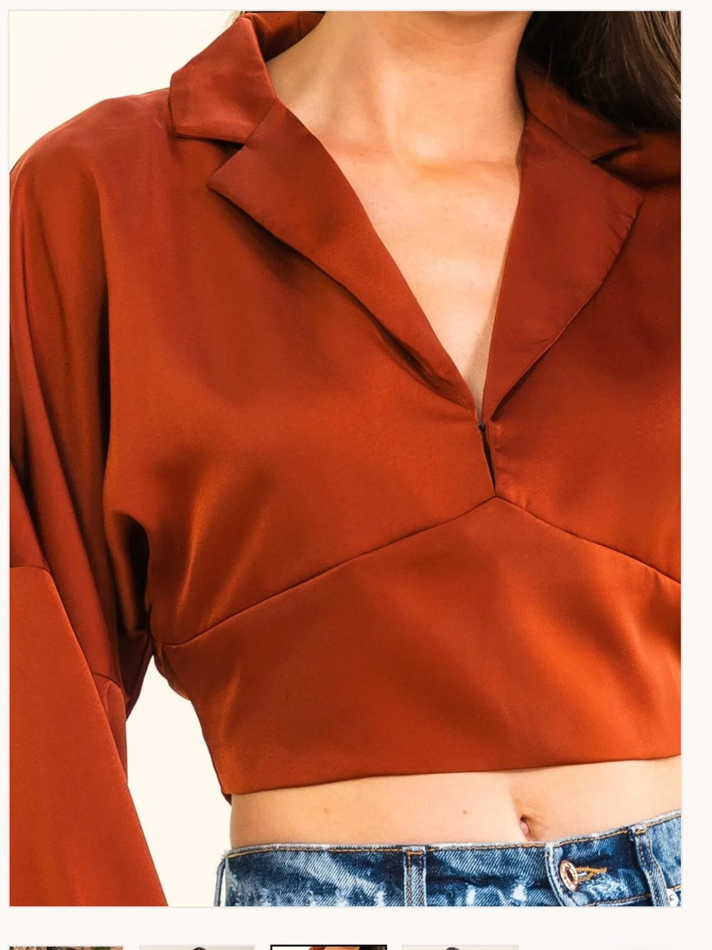 A632 Women's Burnt Orange Cropped Blouse with Balloon Sleeves